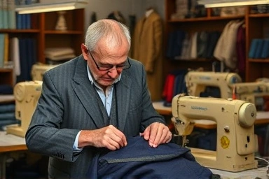 Experienced tailor expertly mending a piece of clothing in a traditional workshop.