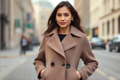 Woman wearing a stylish cocoon silhouette coat on a city street.