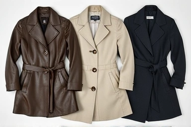 Flat lay of diverse cocoon silhouette outerwear materials and styles.