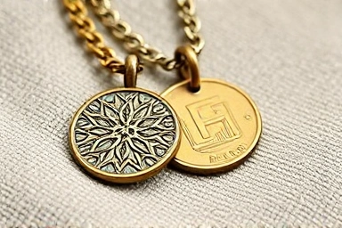 Close-up of layered gold and silver coin necklaces.