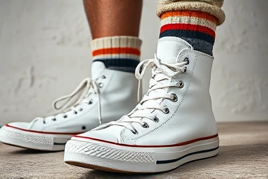 Close-up of white Converse Chuck 70 high-top sneakers