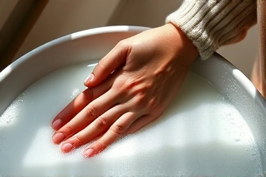 Hand washing a delicate knit sweater in cool water.
