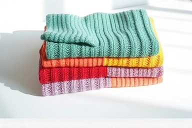 Neatly folded knit sweaters on a clean surface.