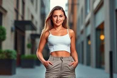 Woman wearing stylish crop top and high-waisted pants, confident pose.