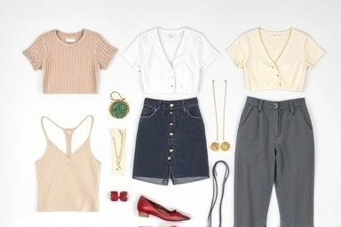 Flat lay of crop tops and high-waisted bottoms, styling options.