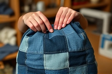 Hands sewing denim patchwork bag in workshop