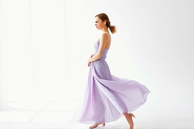 Young woman in digital lavender dress, serene atmosphere