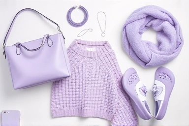 Digital lavender fashion accessories and clothing flat lay