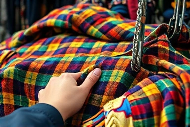 Hand searching through piles of unique vintage clothes at a market.