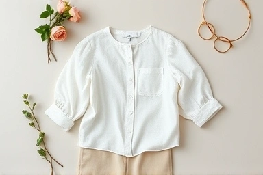 Flat lay of drop-shoulder blouse with slim pants