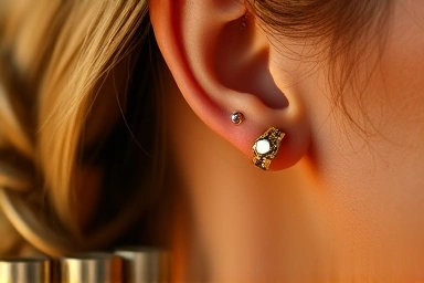 Stylish ear cuffs layered on a woman's ear.