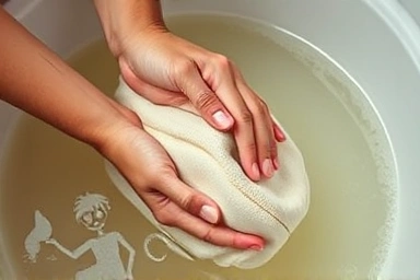 Close-up of hands gently hand-washing a canvas eco-bag.