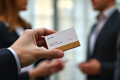 Hand presenting business card from a stylish holder.