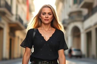 Woman in eyelet top, rock-chic summer style