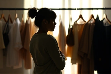 Silhouette finding personal style among clothing options.