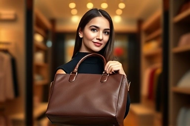 Young woman holding a stylish designer handbag in a boutique.