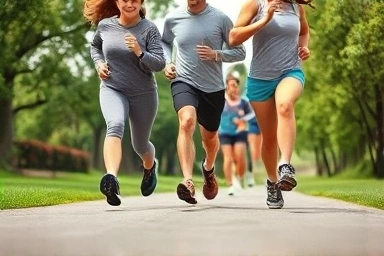 Diverse runners choosing comfortable, stylish running shoes on a park path.