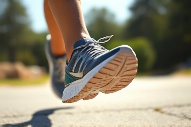 Close-up of a modern running shoe in motion, emphasizing cushioning and design.