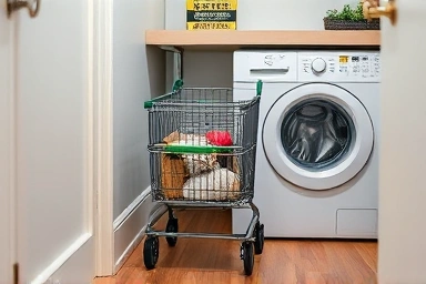 Slim storage of a folded rolling shopping cart in a home.