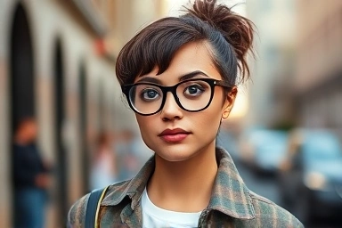 Woman wearing glasses, geek-chic fashion, stylish accessory