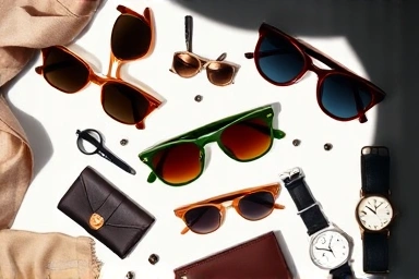 Flat lay of various Gentle Monster sunglasses and elegant fashion accessories.