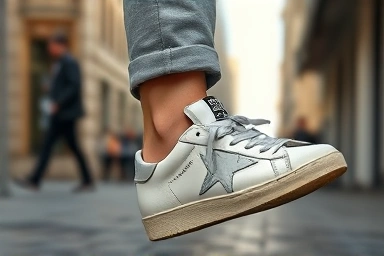 Comfortable fit of Golden Goose Superstar sneakers on feet.