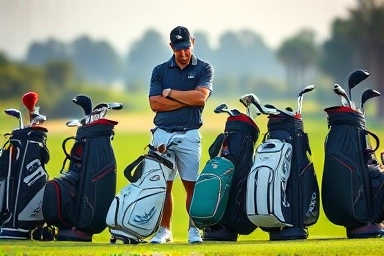 Golfer choosing the right golf bag from a selection.