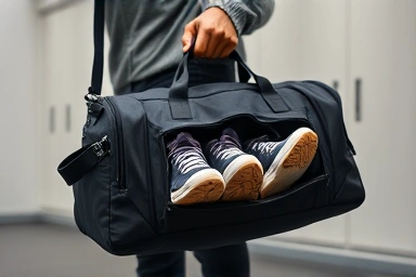Organized gym duffel bag with shoe and wet clothes compartments.