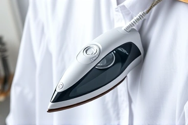 Handheld steam iron smoothing wrinkles on a shirt.