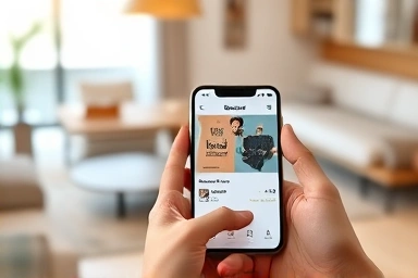 Close-up of hands using a shopping app on a smartphone.
