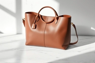 Luxurious minimalist handbag on marble surface.