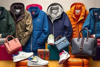 Fashionable apparel and accessories displayed attractively.