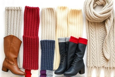 Flat lay of knitted leg warmers and winter fashion accessories.