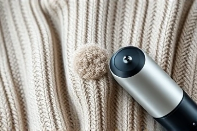 Luxurious sweater with prominent pilling and a modern electric lint remover.