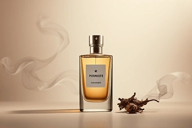 Elegant perfume bottle with smoky and woody abstract elements.