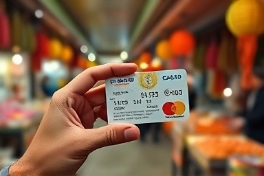 Hand holding local currency card in market