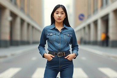 Woman confidently wearing low-rise denim outfit