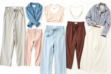 Fashion flat lay of low-rise pants and styling items