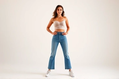 Woman wearing low-waist jeans and crop top, confident fashion.