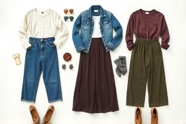 Fashion flat lay of low-waist bottoms and styling accessories.