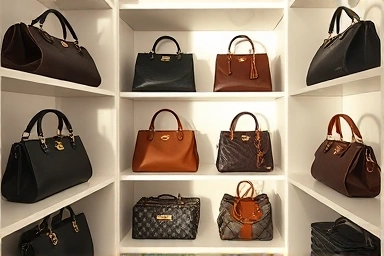 Elegant luxury handbag closet with organized shelves and soft lighting.
