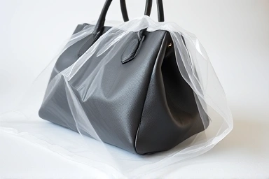 Hand gently placing luxury handbag into a protective dust bag.