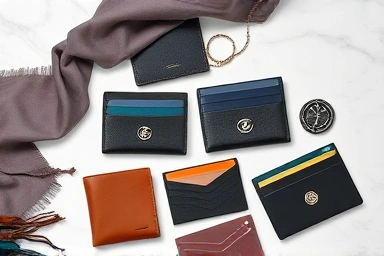 Assortment of luxury brand cardholders on marble surface