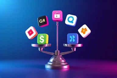 Luxury shopping app icons compared on a digital scale.