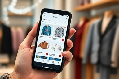 Hand holding smartphone with luxury fashion items displayed.