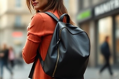 Stylish woman wearing a premium leather backpack