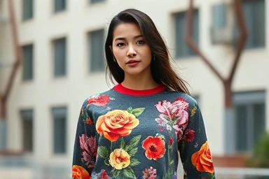 Stylish woman wearing a floral print sweatshirt outdoors.