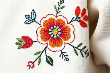 Detailed embroidery of a flower on a soft fabric sweatshirt.