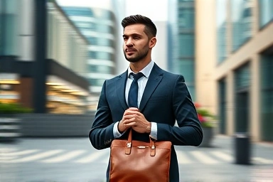 Man with leather briefcase, professional style, modern city street.
