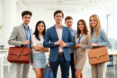 Diverse professionals with various briefcases, smart casual style, co-working space.